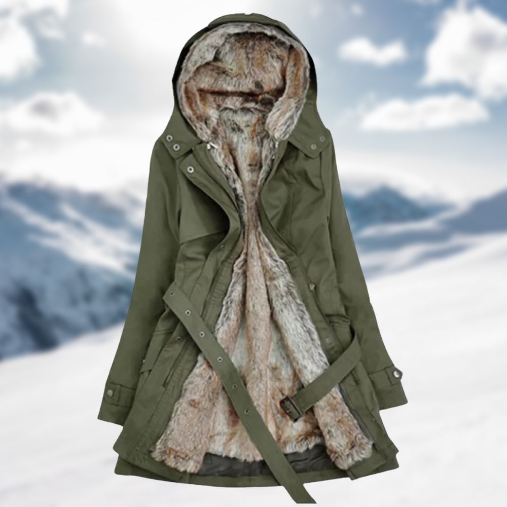 Damen Parka Kapuze Taillengürtel Warmer Wintermantel