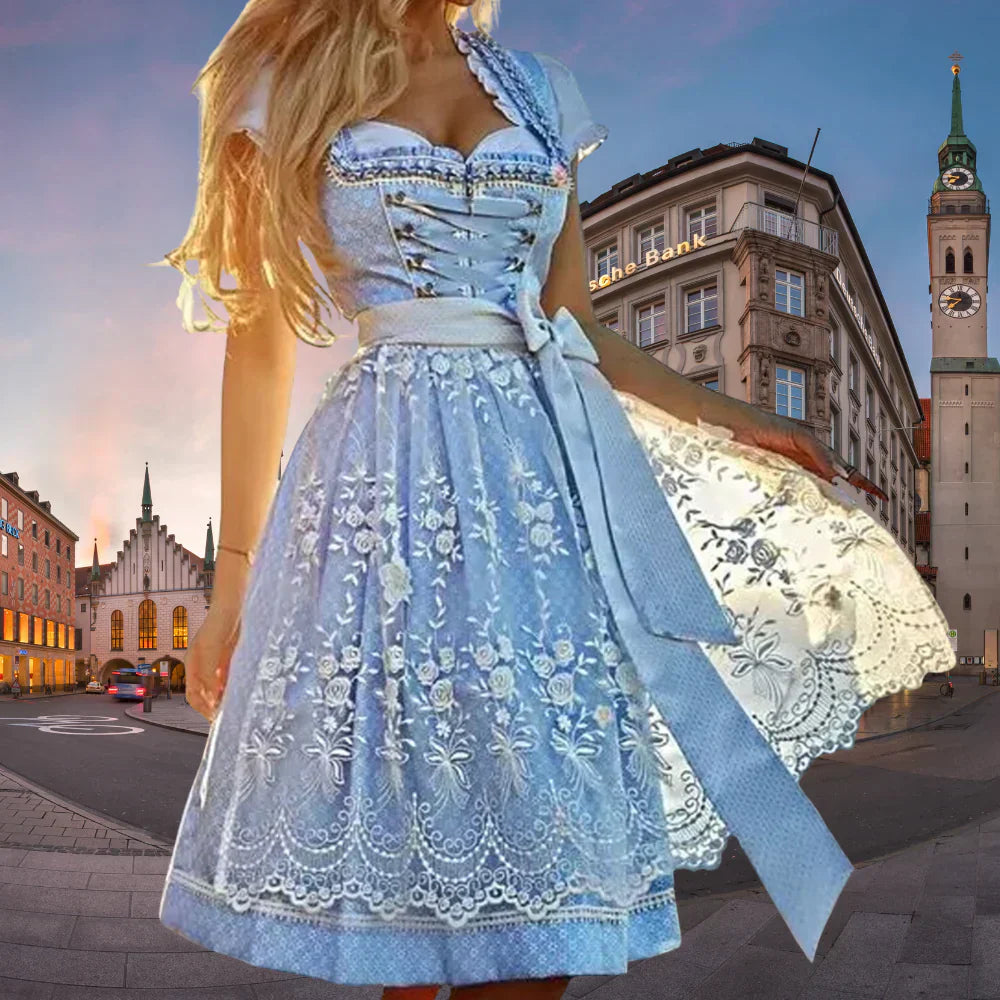 Eveloria Damen Dirndl Spitze Bestickung Bandschnürung - Eveloria