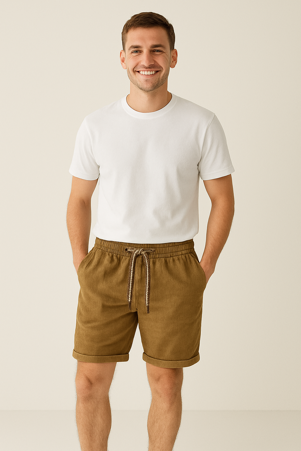 Herren Kordshorts Elastischer Bund Locker Sitz Beige - Eveloria