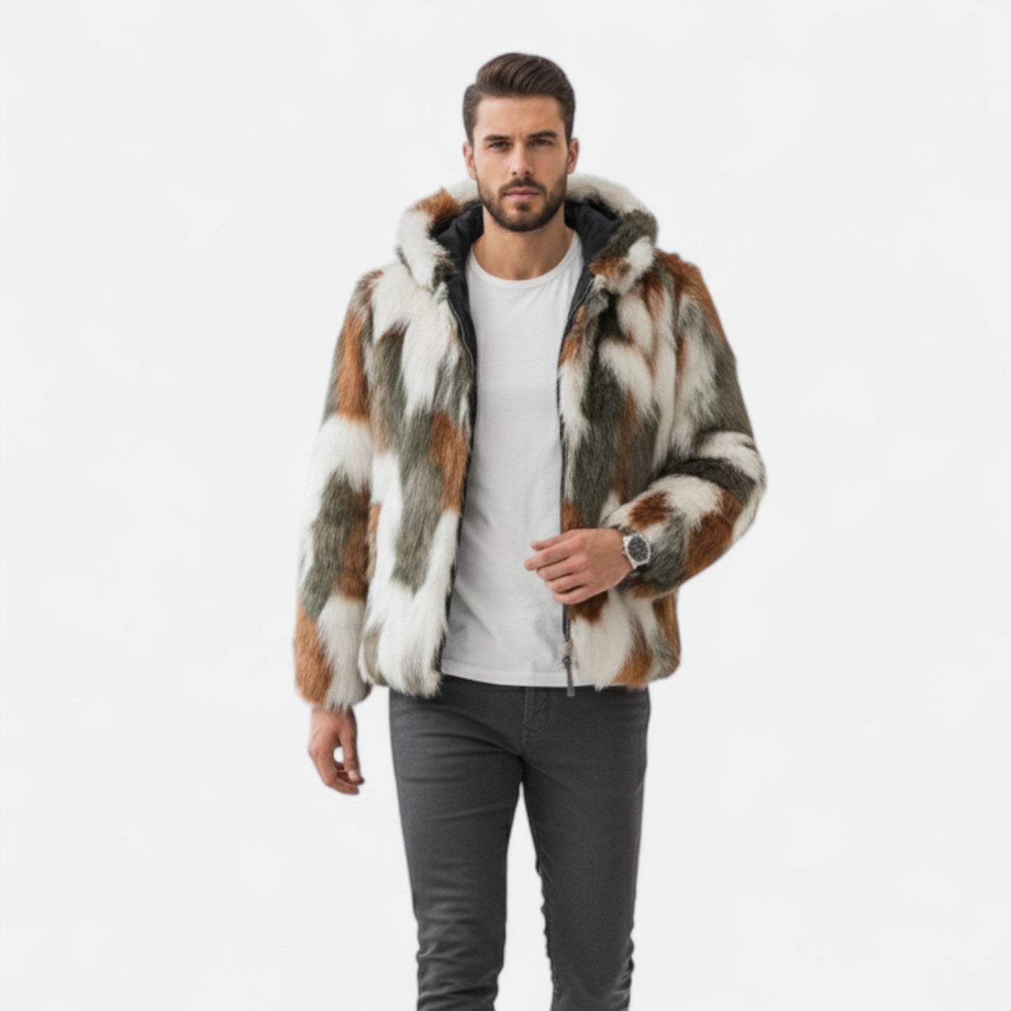 Herren Kunstfelljacke Wintermantel mit Kapuze - Eveloria