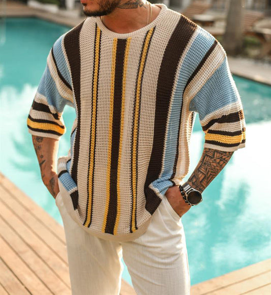 Herren Kurzarm-Pullover Gestreift Leicht Sommer - Eveloria