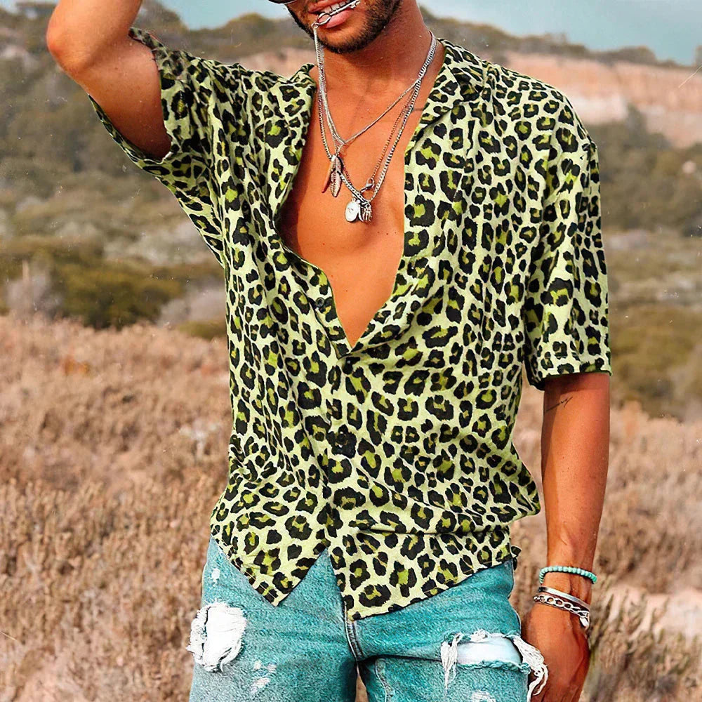 Kurzarmhemd | Button-Up | Leichtgewicht | Leopard Print Hemd | Herrenhemd-Grün-S-Chaps Herrenmode