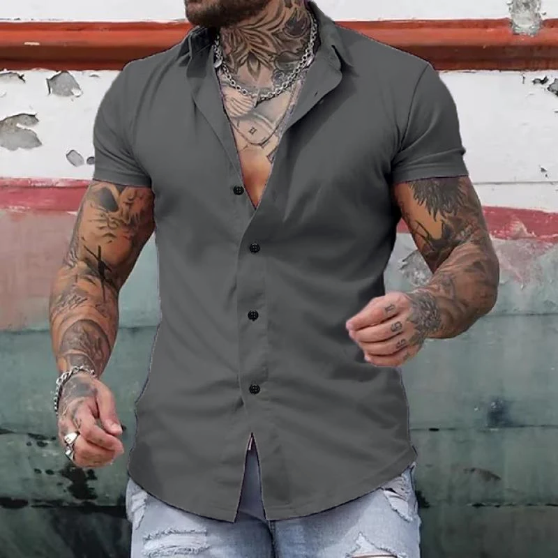 Kurzarmhemd | Modisch | Schmal geschnitten | Hemd mit Knöpfen | Herrenhemden-Grau-M-Chaps Herrenmode