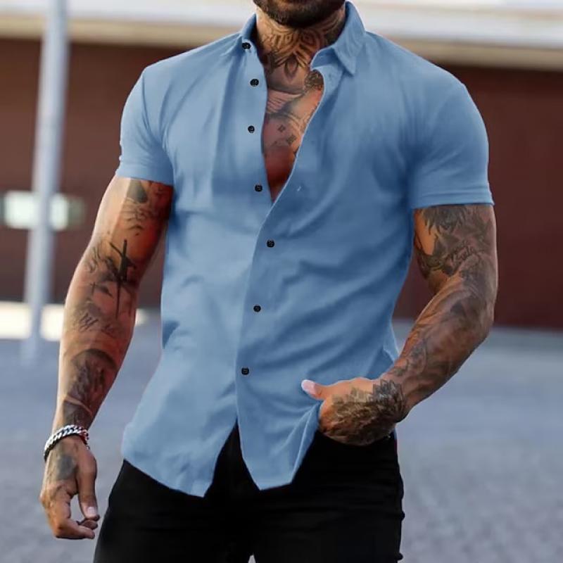 Kurzarmhemd | Modisch | Schmal geschnitten | Hemd mit Knöpfen | Herrenhemden-Hellblau-M-Chaps Herrenmode