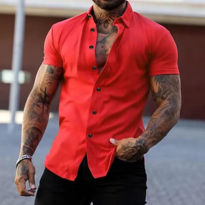 Kurzarmhemd | Modisch | Schmal geschnitten | Hemd mit Knöpfen | Herrenhemden-Rot-M-Chaps Herrenmode