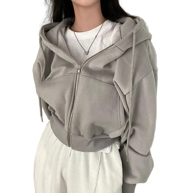 Damen Hoodie Reißverschluss Abgesenkte Schultern Grau - Eveloria