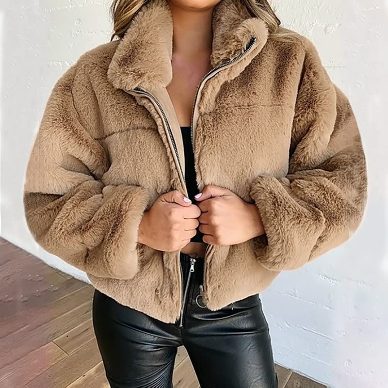 Damen Winterjacke Teddyjacke Plüsch Optik Hochkragen