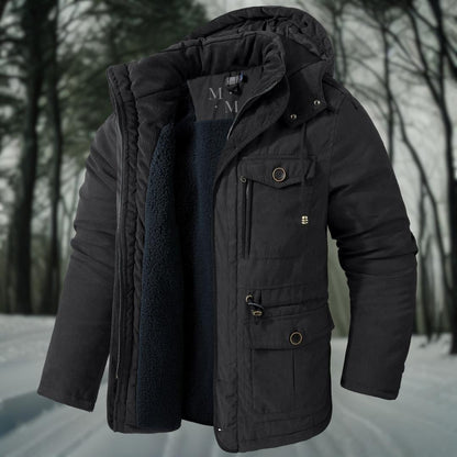 Herren Winterjacke Warm Kapuze Taschen Schwarz - Eveloria