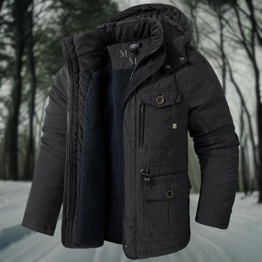 Herren Winterjacke Warm Kapuze Taschen Schwarz - Eveloria