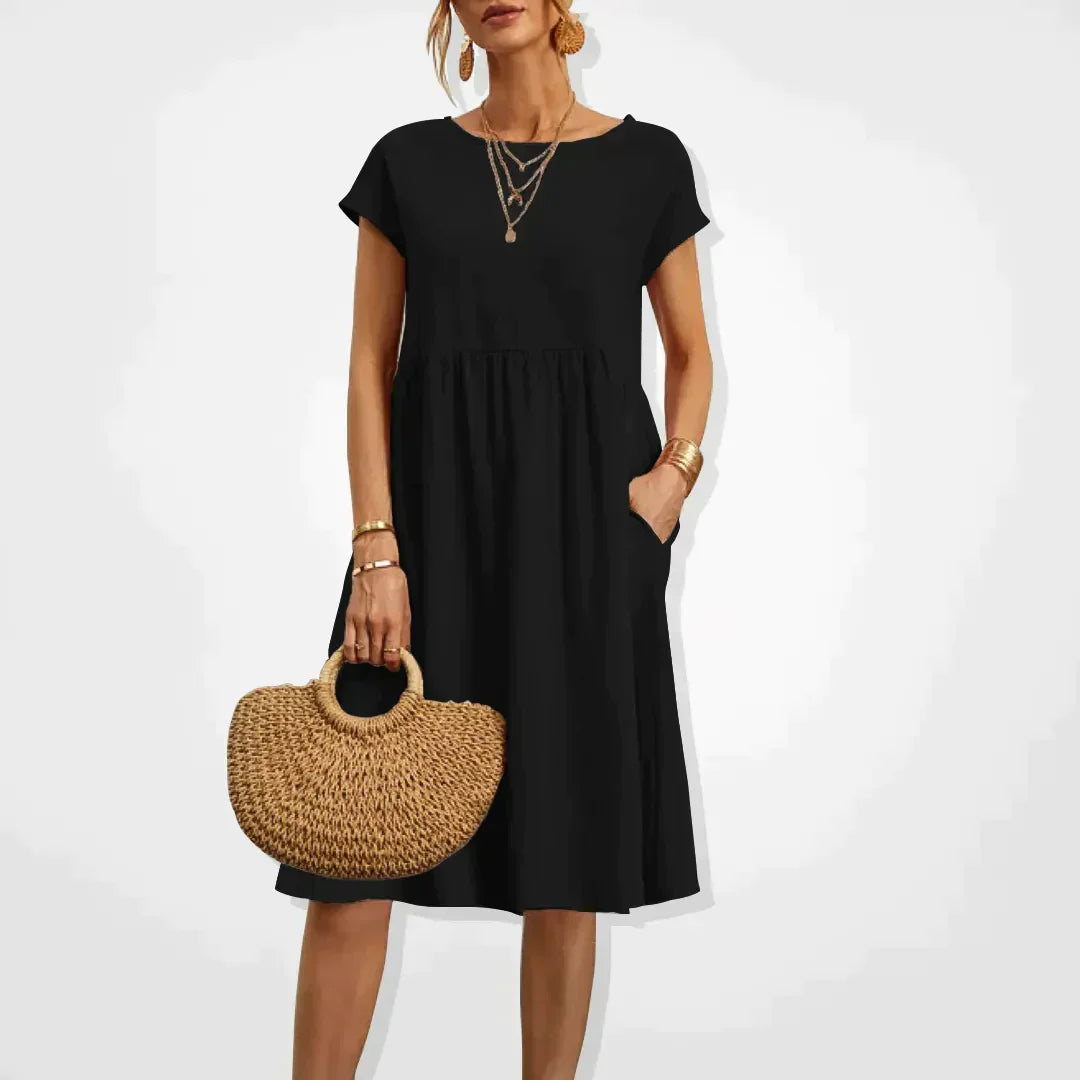 Damen Midi Sommerkleid Kurze Ärmel Mit Taschen