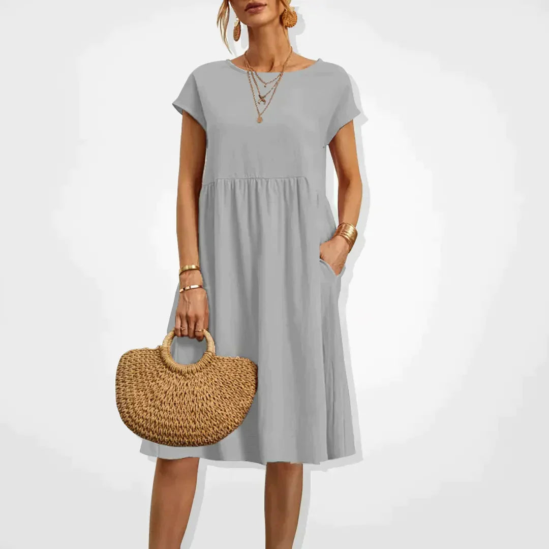 Damen Midi Sommerkleid Kurze Ärmel Mit Taschen