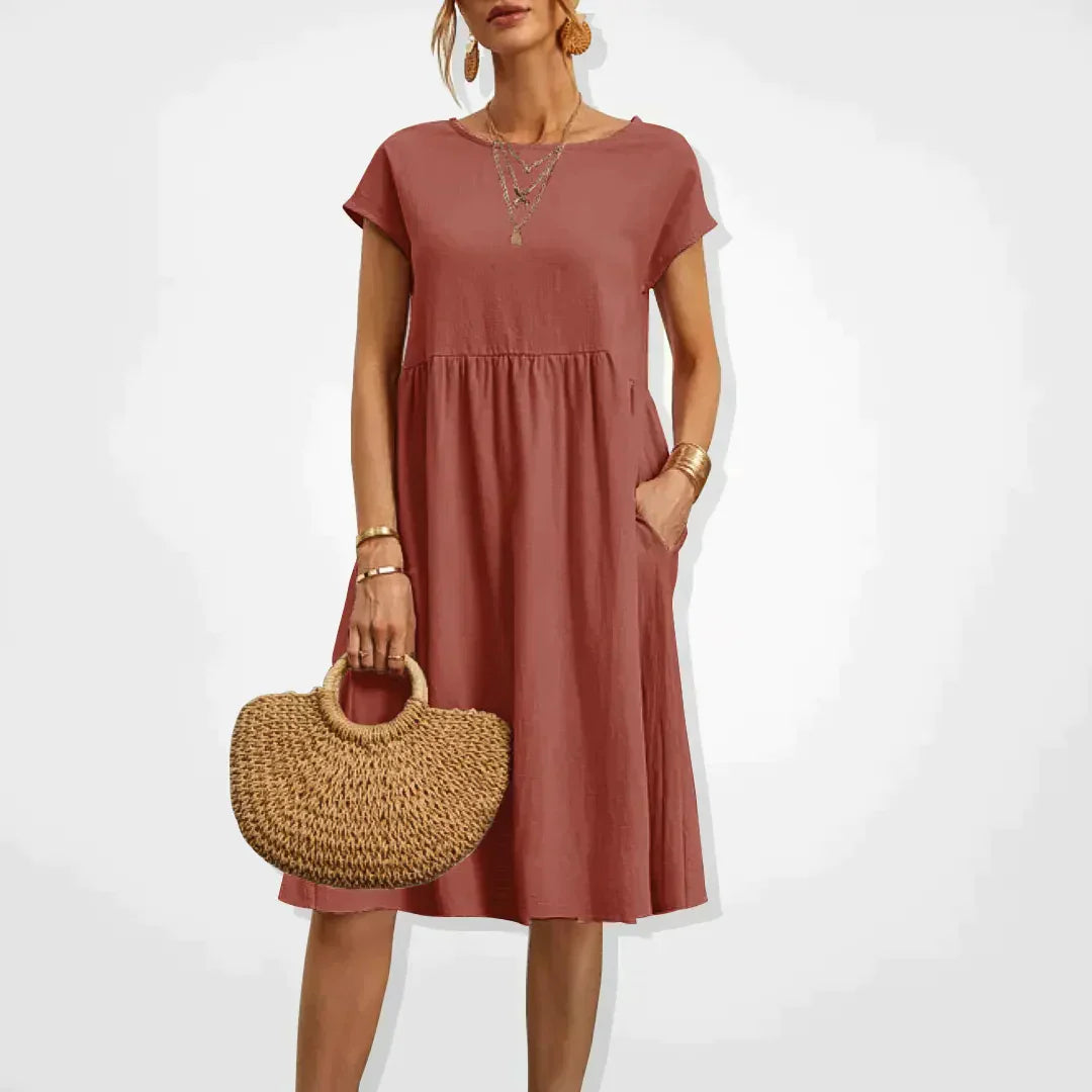 Damen Midi Sommerkleid Kurze Ärmel Mit Taschen