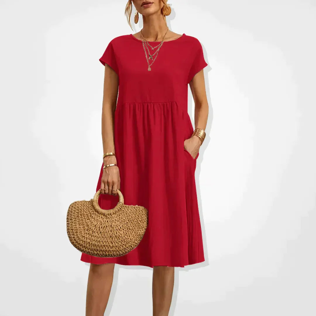 Damen Midi Sommerkleid Kurze Ärmel Mit Taschen