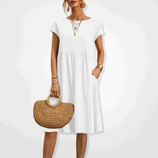 Damen Midi Sommerkleid Kurze Ärmel Mit Taschen - Eveloria