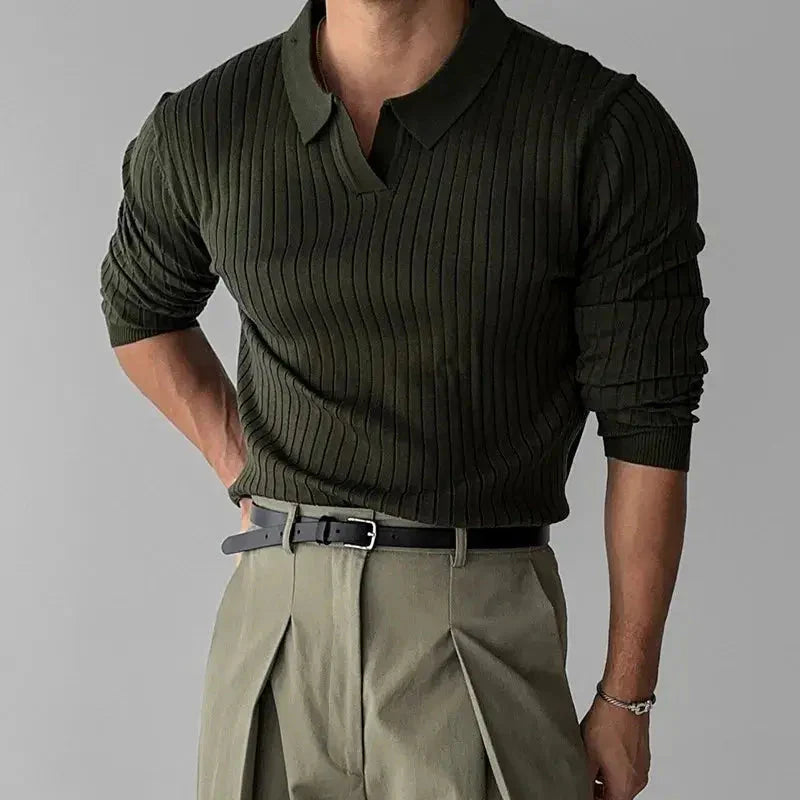 Herren Langarm-Poloshirt Rippstrick Umlegekragen Weiß - Eveloria