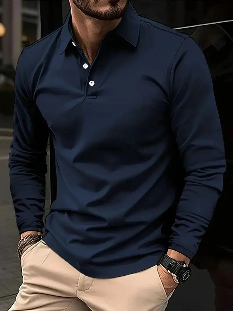 Langarm-Polohemd – Atmungsaktiv – Halbgeknöpft – Polohemd – Herrenhemden-Marineblau-S-Chaps Herrenmode