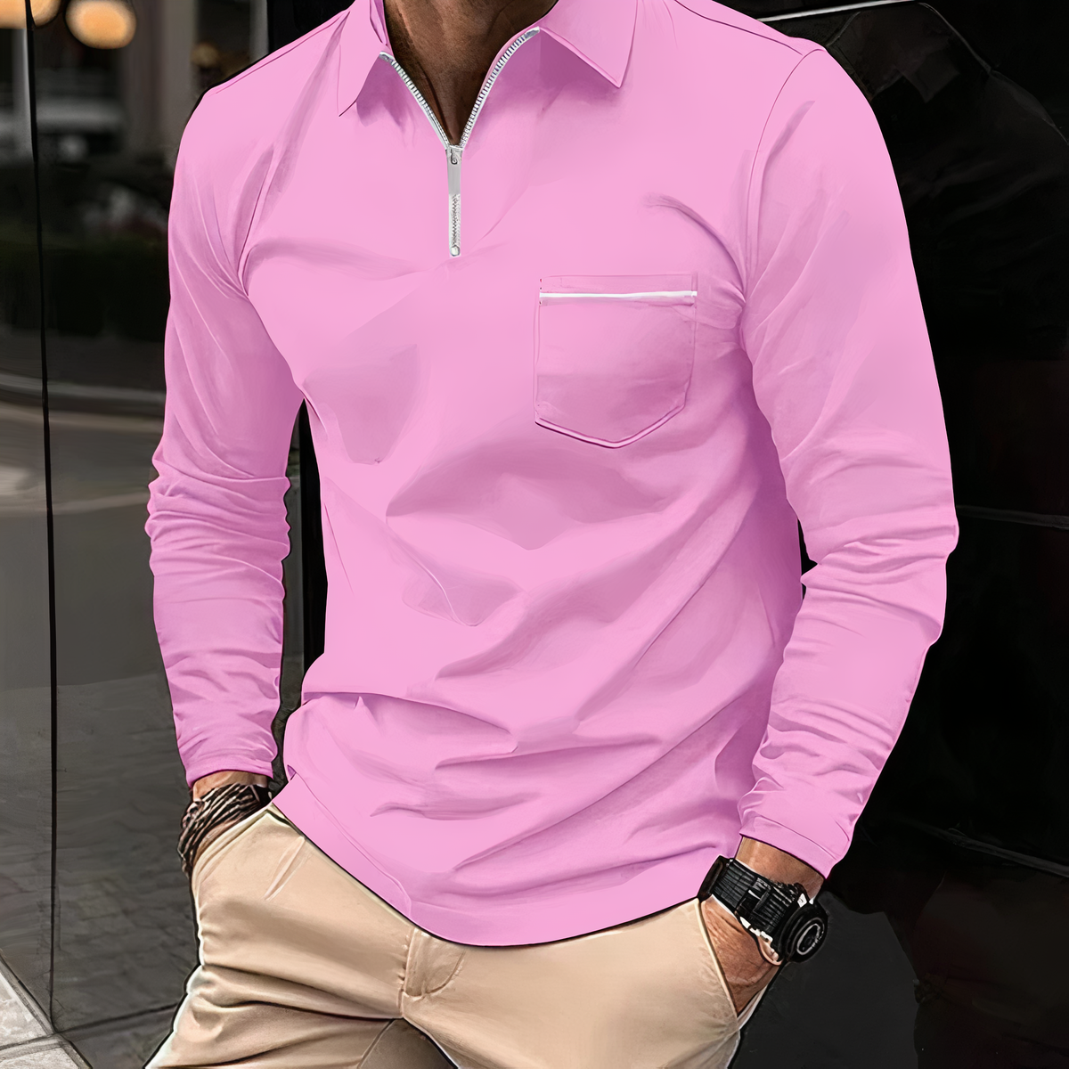 Langarm-Poloshirt - Polohemd für Männer mit halbem Reißverschluss und Umlegekragen-Rosa-S-Chaps Herrenmode