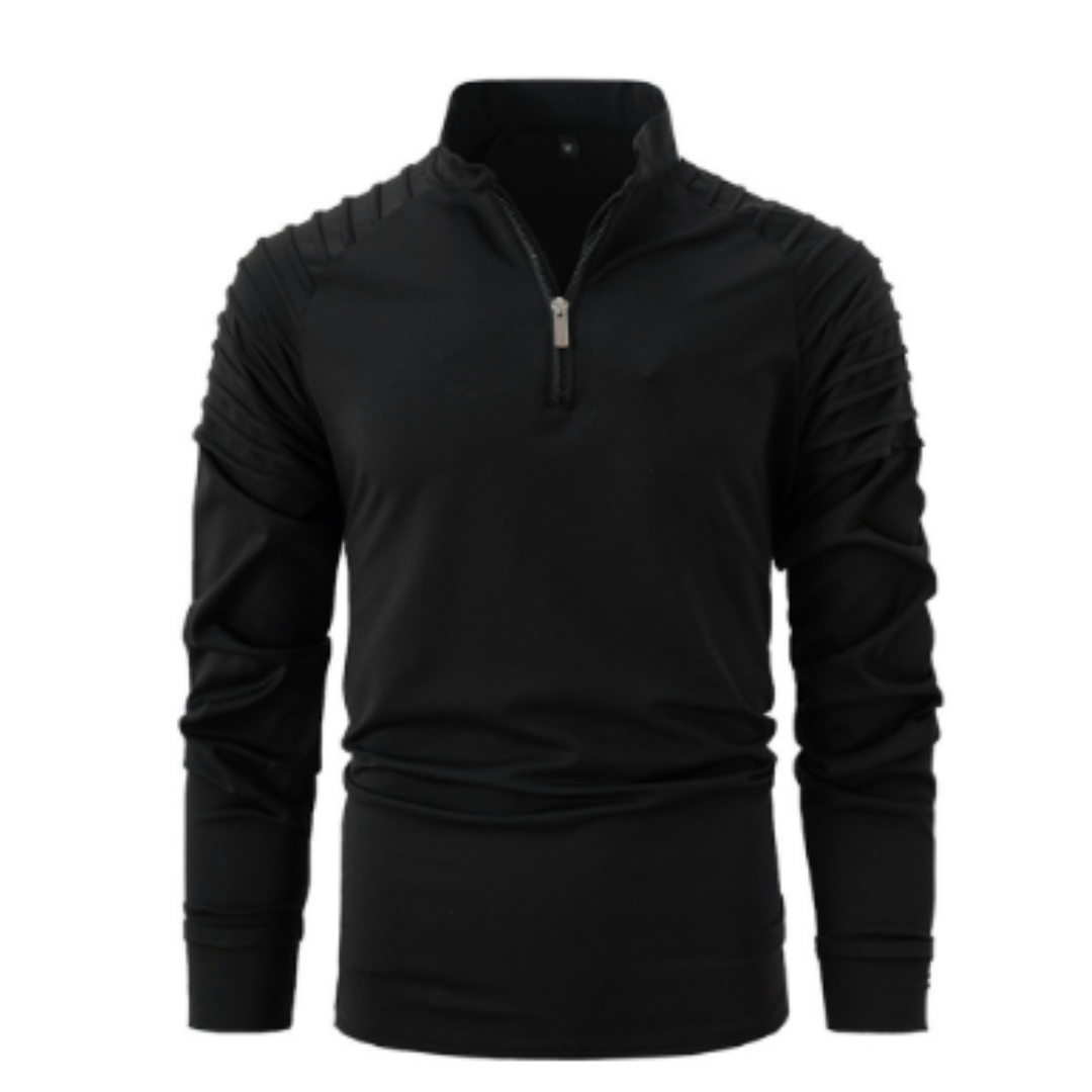 Langarm-Poloshirt – Viertelreißverschluss – Einfarbig – Pullover mit halbem Reißverschluss – Langarm-T-Shirt für Herren-Schwarz-S-Chaps Herrenmode