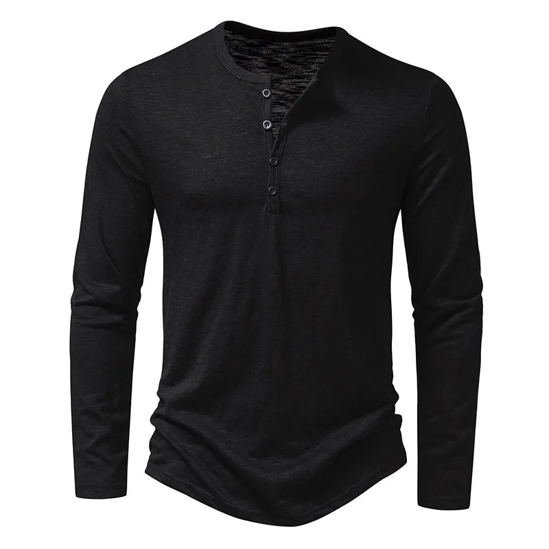 Langarm-T-Shirt | Einfarbig | Knopfleiste am Halsausschnitt | Henley-Shirt | Herrenbekleidung-Schwarz-S-Chaps Herrenmode