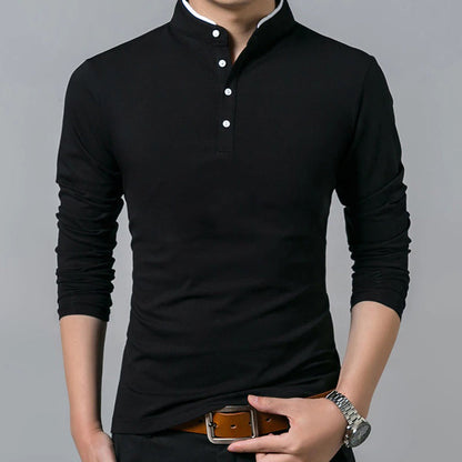 Herren Langarm Poloshirt Knöpfe Slim Fit Weiß - Eveloria