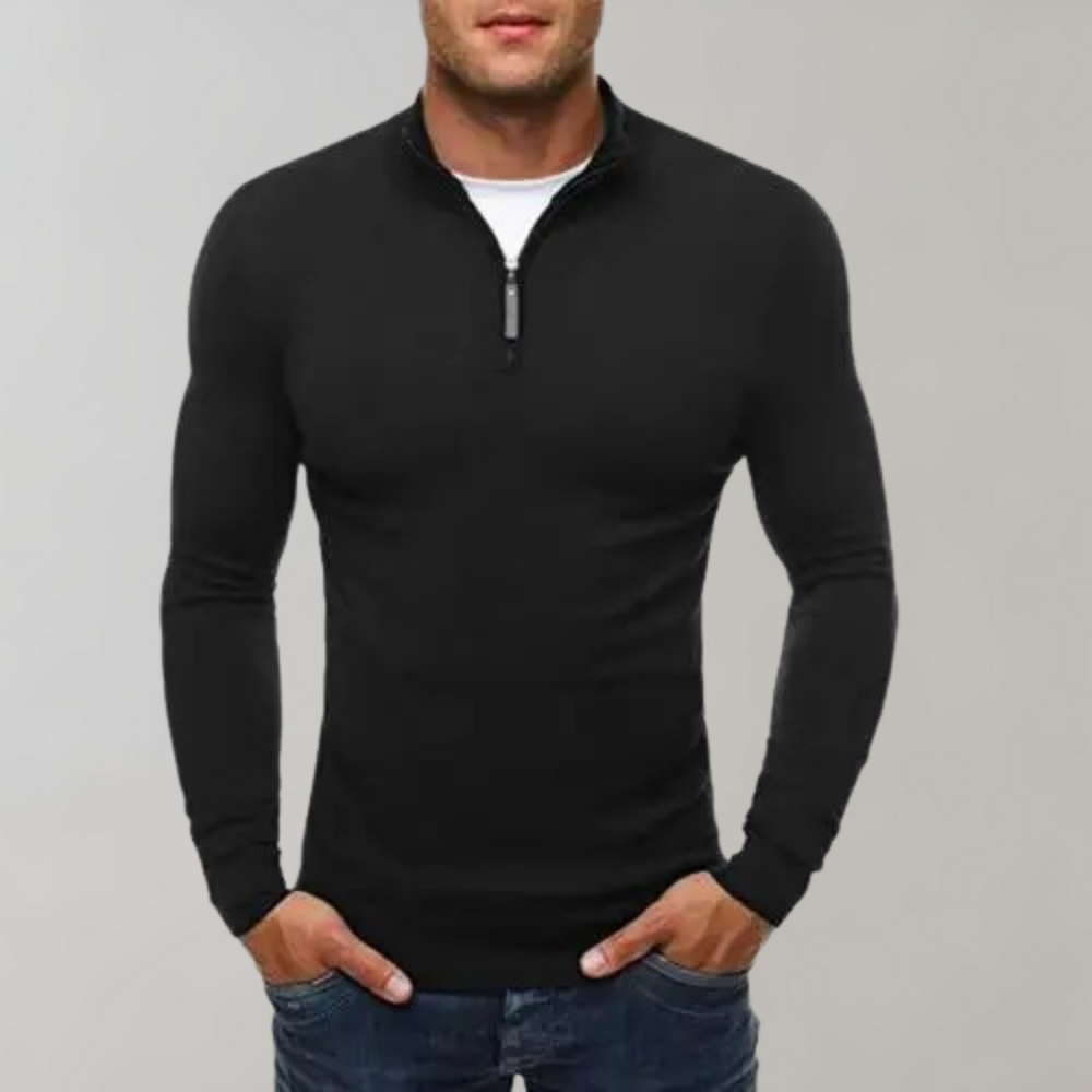 Herren Langarm-Shirt Slim Fit Viertelreißverschluss Schwarz - Eveloria