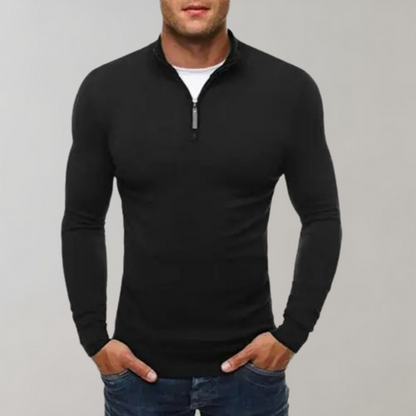 Herren Langarm-Shirt Slim Fit Viertelreißverschluss Schwarz - Eveloria