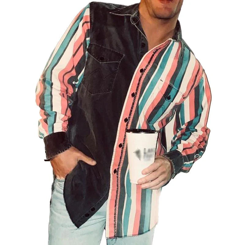Herren Hemd Langärmlig Gestreift Retro - Eveloria