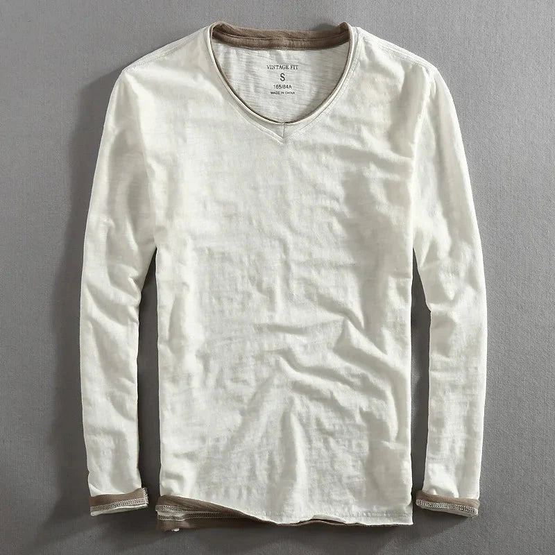 Herren T-Shirt Langarm Leinen Baumwolle V-Ausschnitt - Eveloria