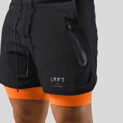 Laufshorts - Herren 2-in-1 Sport Gym Shorts mit Taschen-Schwarz-Orange mit Logo-M-Chaps Herrenmode