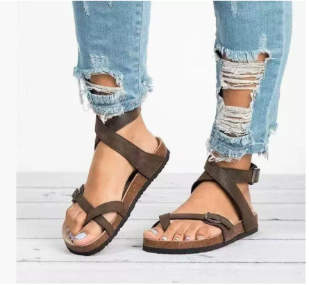 Damen Flache Sandalen mit Riemen Beige - Eveloria