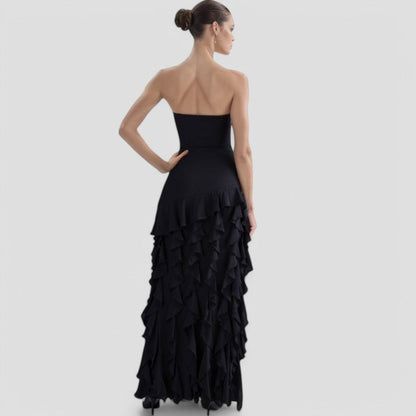 Eveloria Damen Ärmelloses Rüschenkleid Elegantes Seidenkleid Schwarz - Eveloria