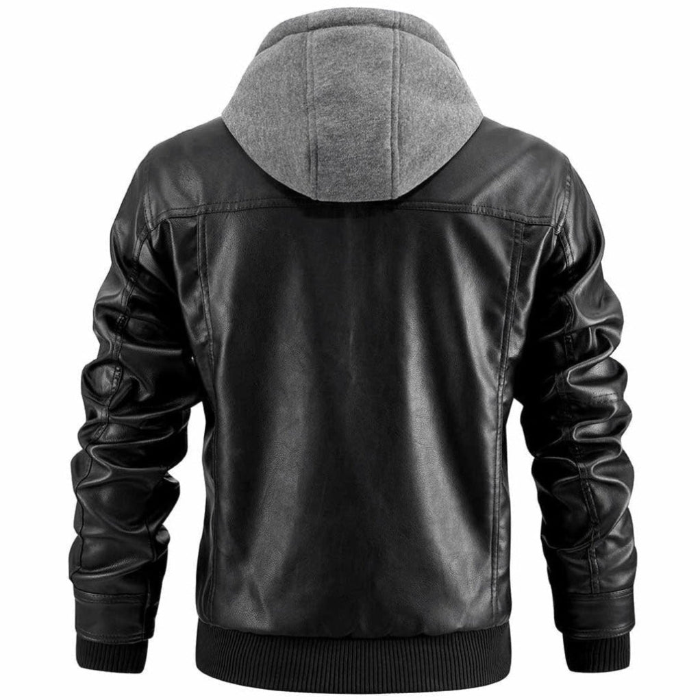 Herren Lederjacke Abnehmbare Kapuze Schwarz - Eveloria