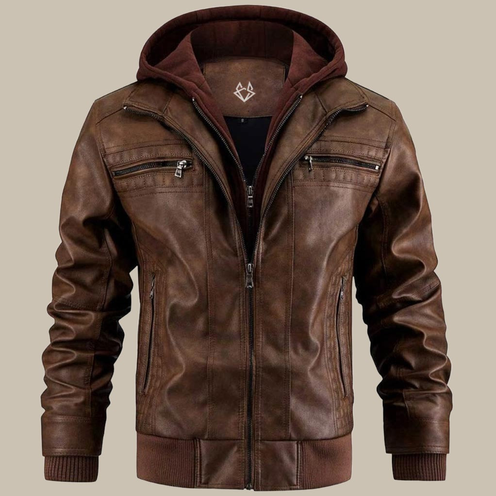 Herren Lederjacke Abnehmbare Kapuze