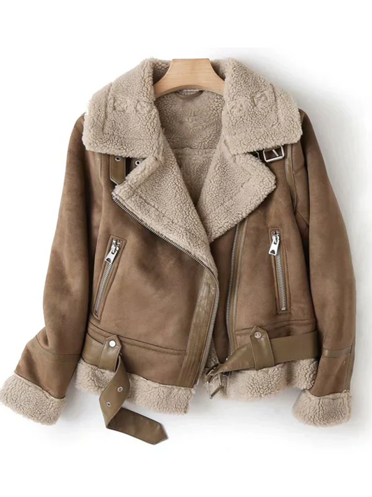 Damen Lederjacke Sherpa-Futter Schwarz - Eveloria