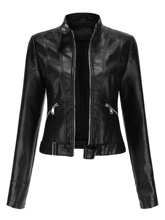 Damen Lederjacke Taillierte Passform Schwarz - Eveloria
