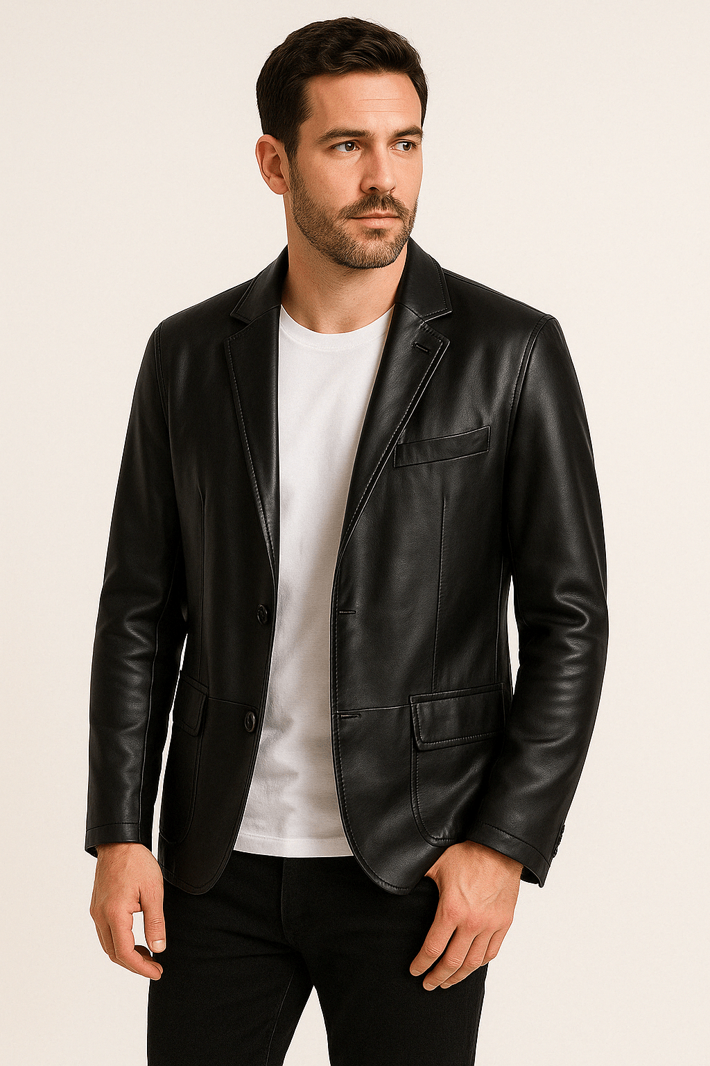 Herren Lederjacke Revers Knöpfe Kunstleder Schwarz - Eveloria