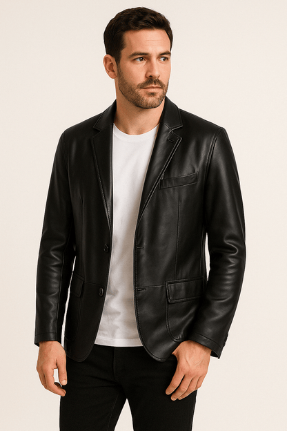 Herren Lederjacke Revers Knöpfe Kunstleder Schwarz - Eveloria