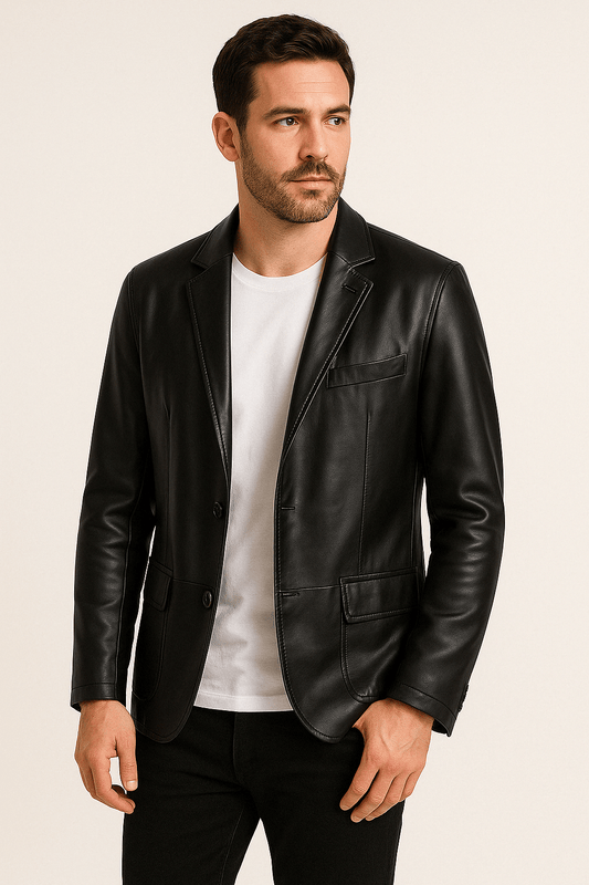 Herren Lederjacke Revers Knöpfe Kunstleder Schwarz - Eveloria