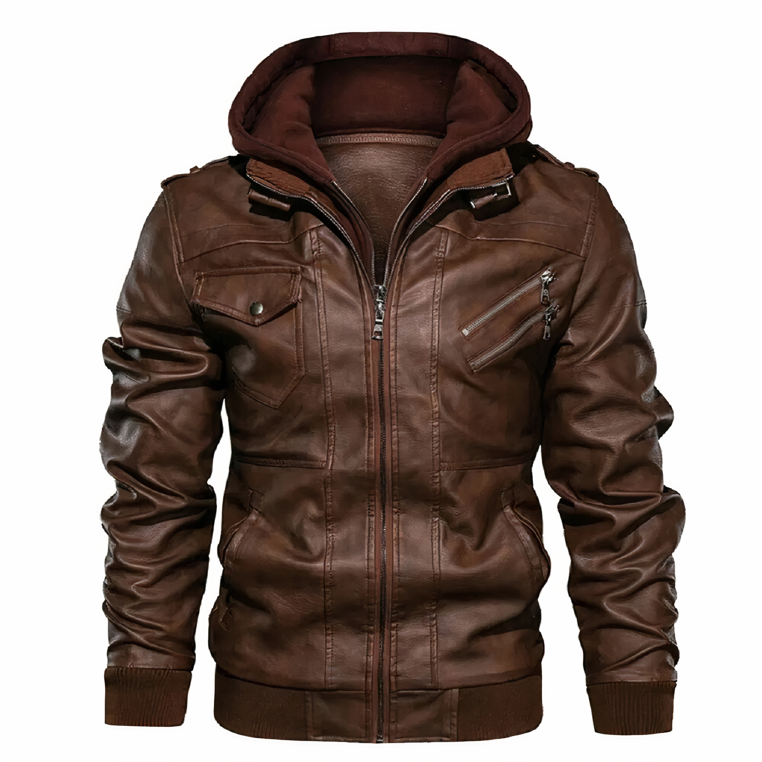 Herren Lederjacke Bikerjacke Schmale Passform Kapuze Schwarz - Eveloria