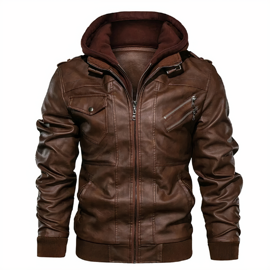 Herren Lederjacke Bikerjacke Schmale Passform Kapuze Schwarz - Eveloria