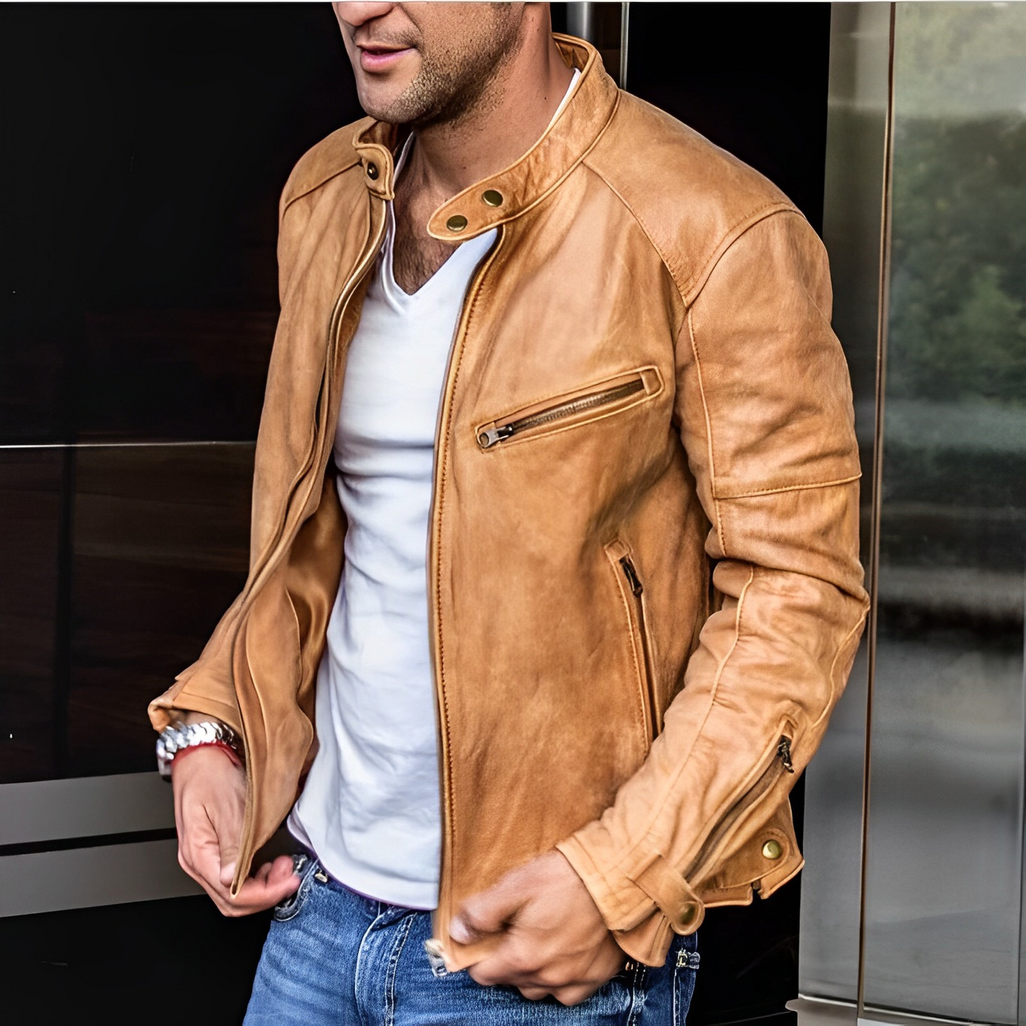 Lederjacke – Reißverschluss – Kunstleder – Bikerjacke – Herrenlederjacke-Hellbraun-S-Chaps Herrenmode