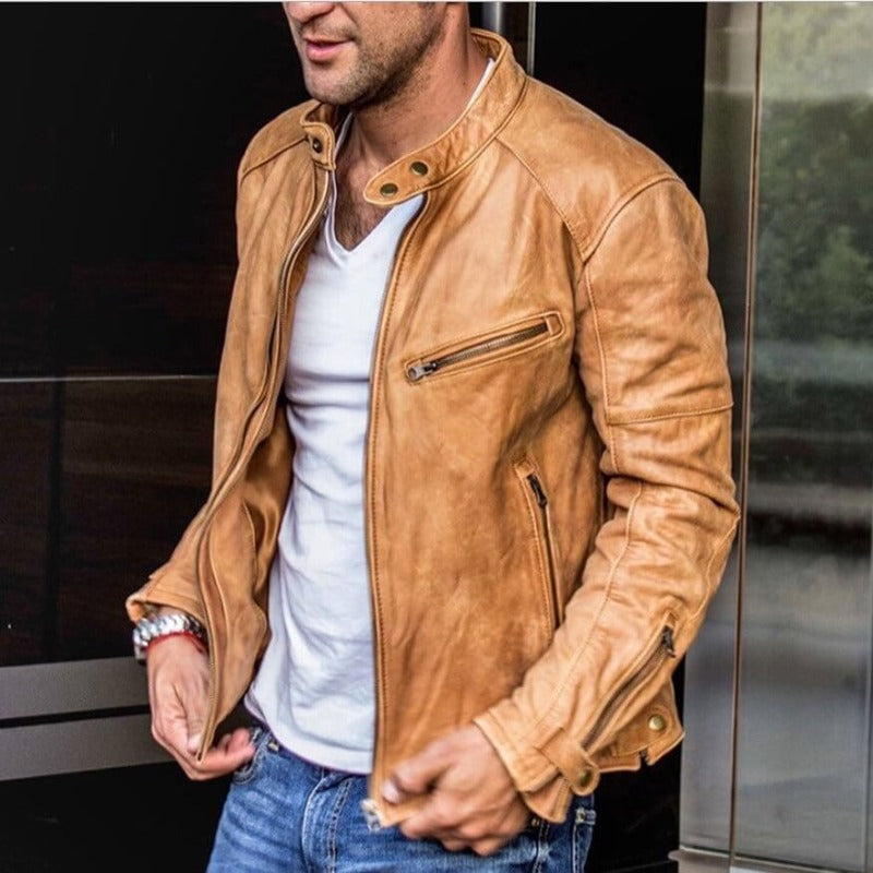 Lederjacke | Retro | Reißverschluss | Bikerjacke | Herrenjacke-Beige-S-Chaps Herrenmode