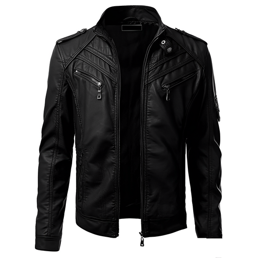 Herren Lederjacke Stehkragen Bikerjacke Schwarz - Eveloria
