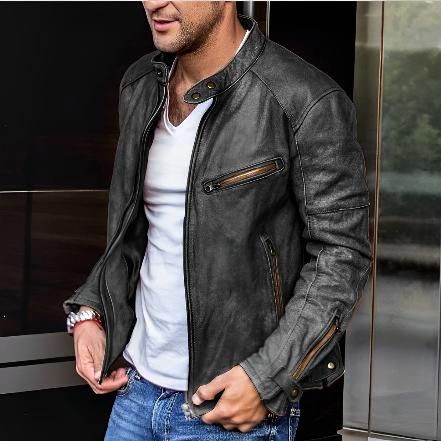 Lederjacke - Zip-Up - Vintage - Bikerjacke - Herren Lederjacken-Schwarz-XS-Chaps Herrenmode
