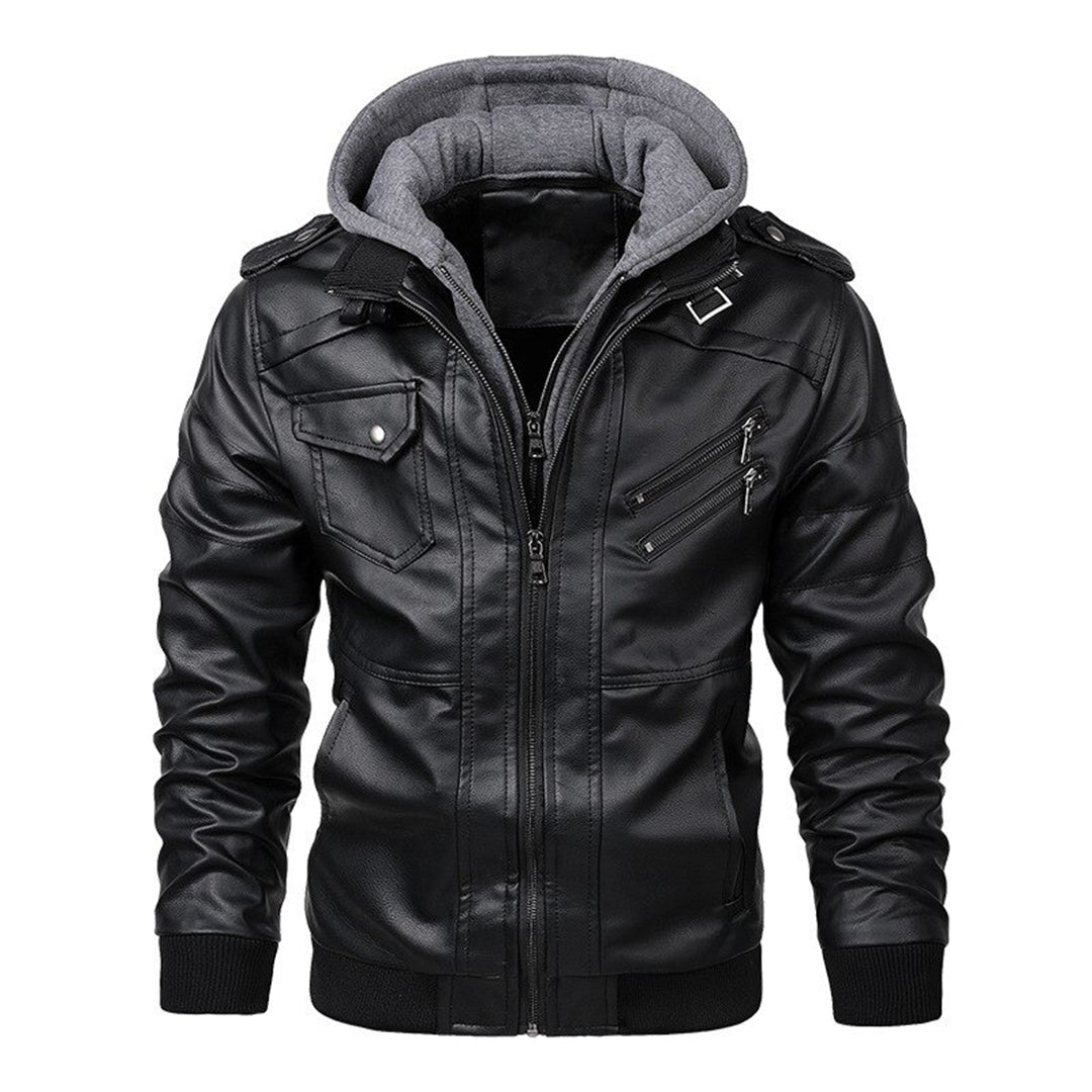Herren Lederjacke Bikerjacke Mit Kapuze Schwarz - Eveloria