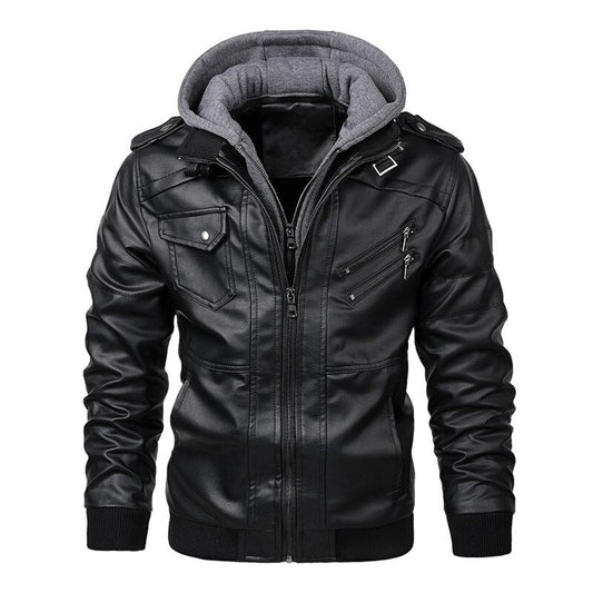 Herren Lederjacke Bikerjacke Mit Kapuze Schwarz - Eveloria