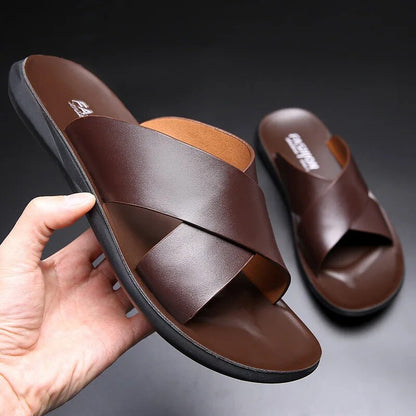 Herren Leder-Slipper Sandalen Leder Braun - Eveloria