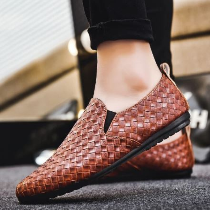 Männer Lederschlüpfschuhe Bequem Gewebt Schwarz - Eveloria