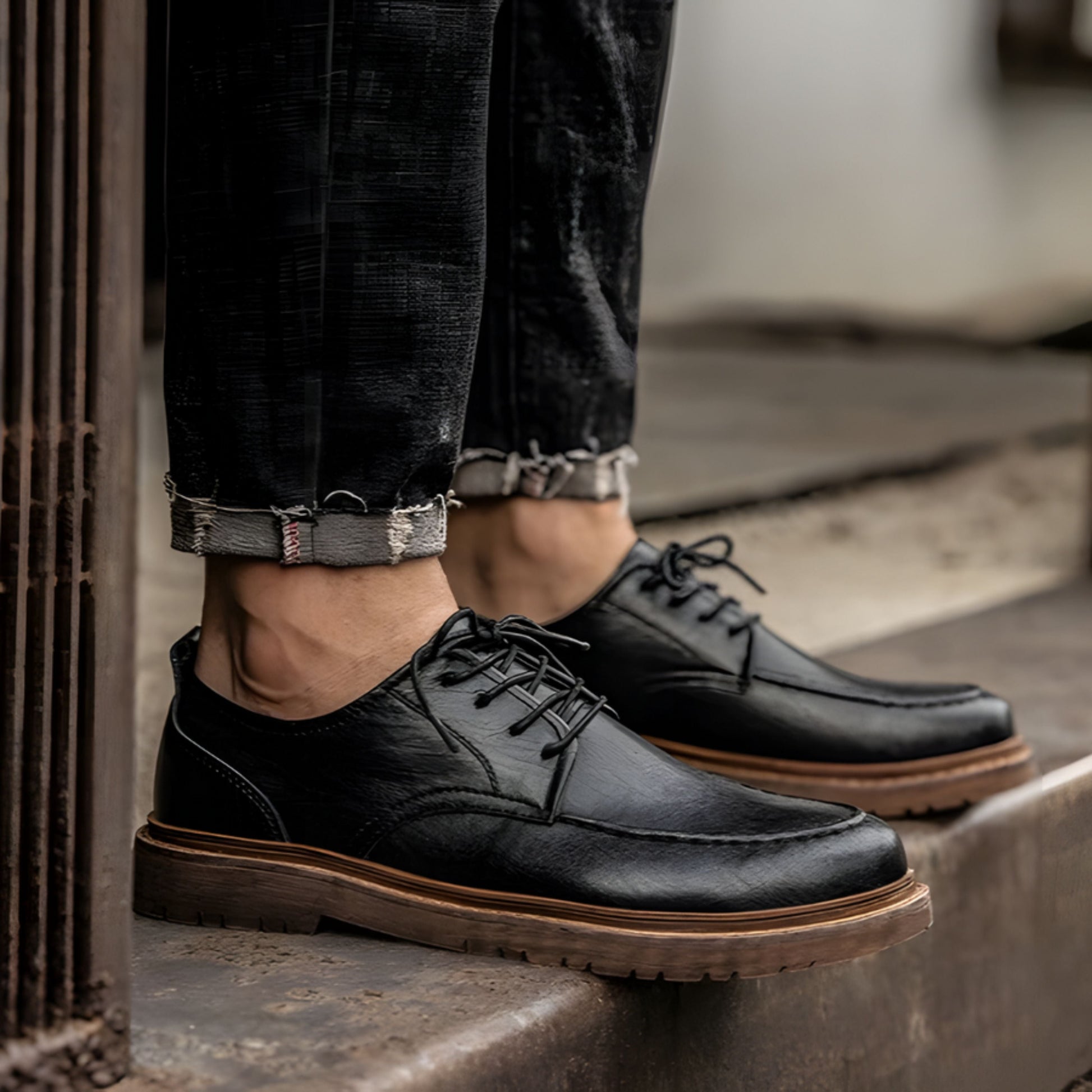 Herren Lederschuhe Schnürschuhe Schwarzbraun Chunky Oxford Stil - Eveloria