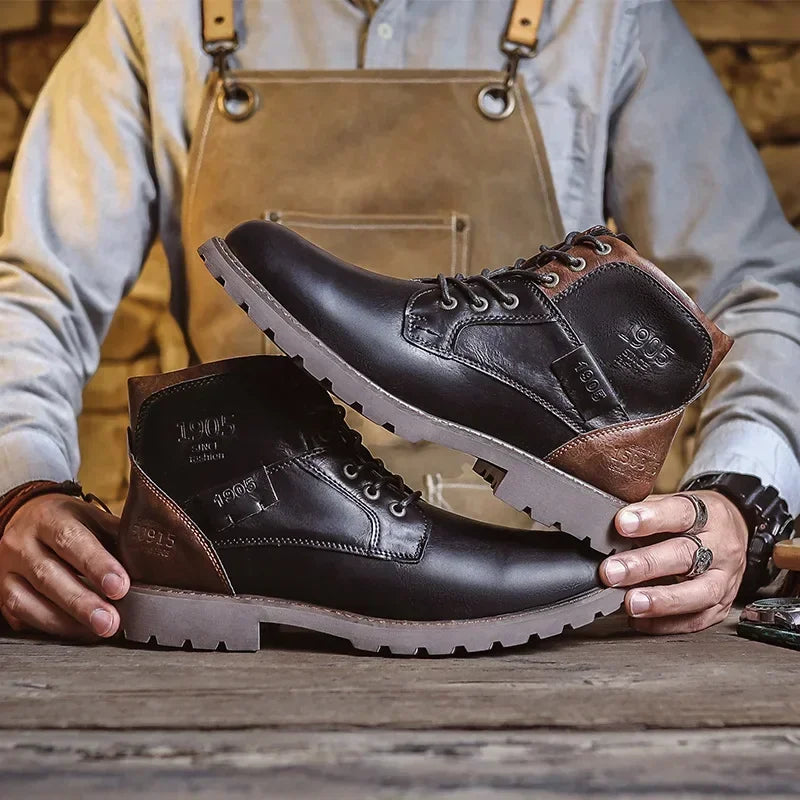 Männer Lederstiefel Braun Schwarz Schnürstiefeletten - Eveloria